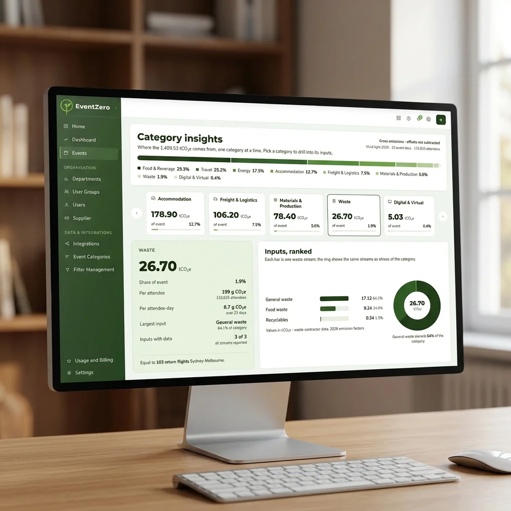 EventZero Category Insights dashboard showing an event's emissions broken down by category