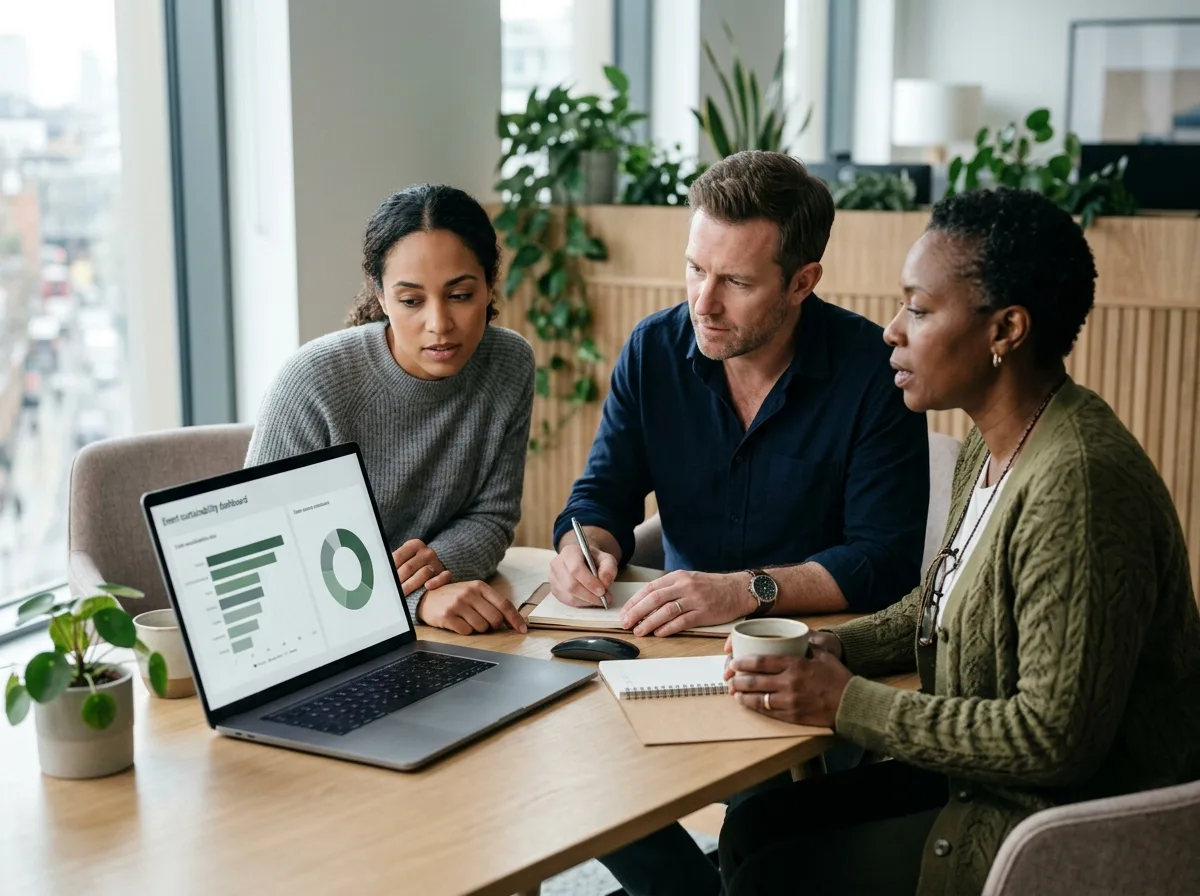 An event team reviewing an emissions dashboard together